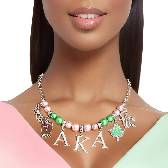 AKA Necklace Pink Green Pearl